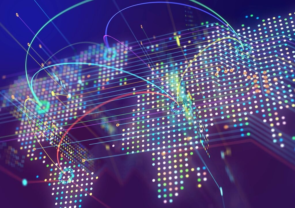 Abstract digital world map with connected data points and flowing lines representing global data and risk visibility.